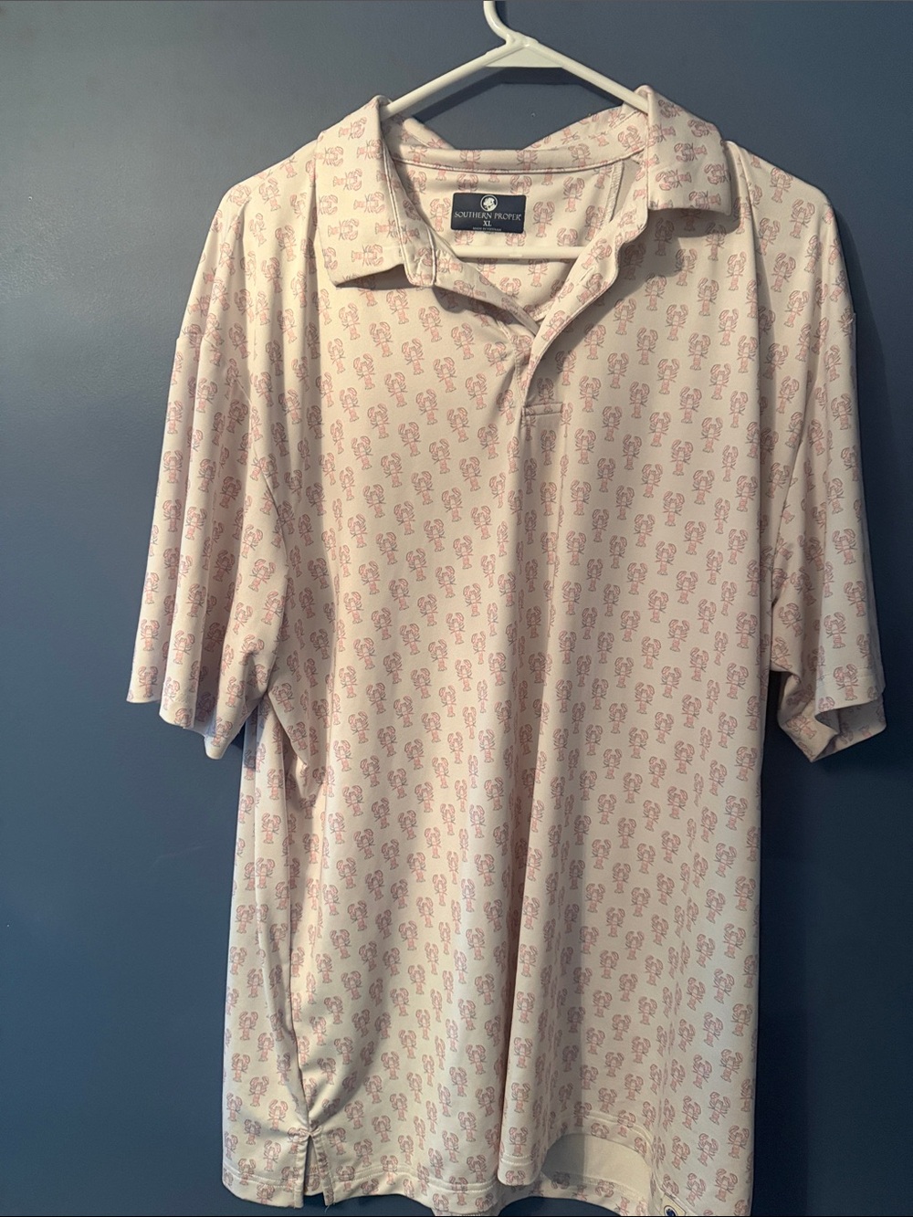 Southern Proper Men’s Pale Pink Polo with Lobster Print